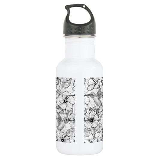 Bouteille D'eau Colibris et fleurs d'hibiscus b&w (Dos)
