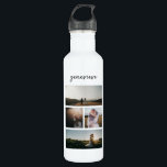 Bouteille D'eau Collage photo simple moderne<br><div class="desc">Bouteille d'eau moderne avec un design noir et blanc simple et minimal avec un collage photo de quatre de vos photos préférées avec votre nom dans un script élégant.</div>