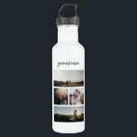 Bouteille D'eau Collage photo simple moderne<br><div class="desc">Bouteille d'eau moderne avec un design noir et blanc simple et minimal avec un collage photo de quatre de vos photos préférées avec votre nom dans un script élégant.</div>