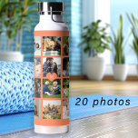 Bouteille D'eau Collage photo simple monogrammed keepsaké orange<br><div class="desc">Ajoutez 20 photos de famille, d'enfants, d'animaux de compagnie ou de meilleurs amis et créez votre propre grille de collage tendance bouteille d'eau orange et blanche avec votre nom personnel ou de famille monogramme initial dans un coeur orange vif. Facile à personnaliser avec vos images et votre lettre carrés personnalisées....</div>