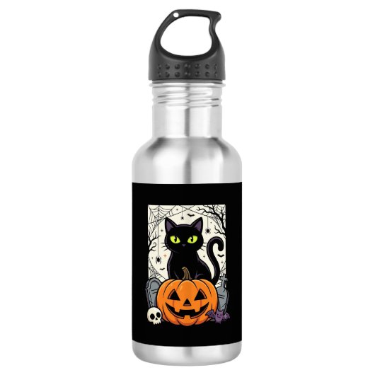 Bouteille D'eau Conception de vecteur de citrouille de chat noir H (Devant)