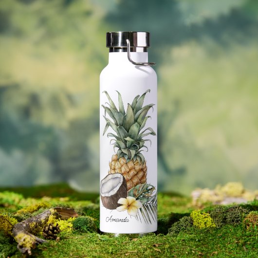 Bouteille D'eau Cool Rafraîchissant ananas tropicale avec nom (Extérieur)