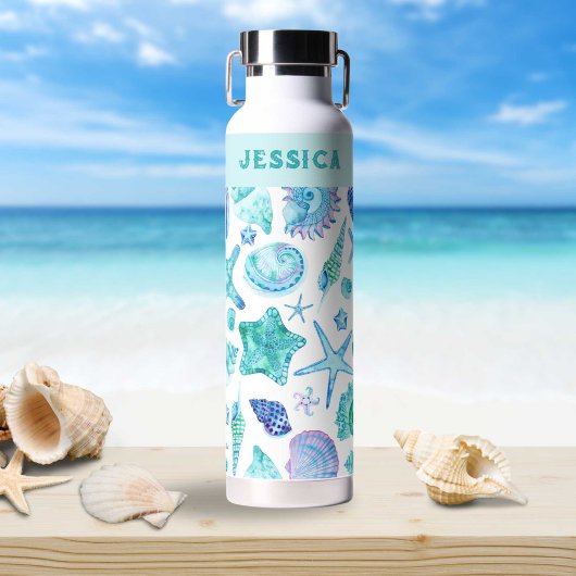 Bouteille D'eau Coques d'aquarelle bleu et blanc