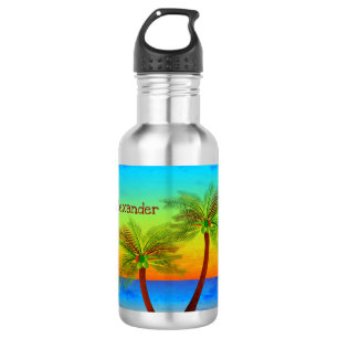 Bouteille D'eau Coucher de soleil sur une île aux palmiers tropica