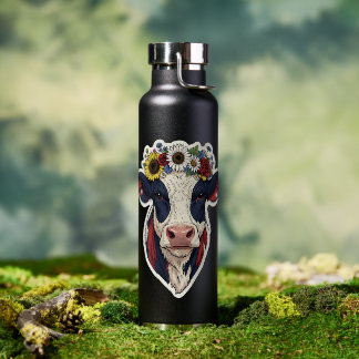 Bouteille D'eau Couronne florale de vache patriotique 4 juillet