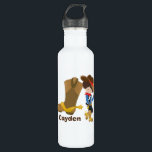 Bouteille D'eau Cowboy Kids Cute Boys Monogram Rodeo Wild West<br><div class="desc">Un joli cadeau de cow-boy customisé avec un enfant de la ferme penché contre une botte de cowboy géante qui tirait son casquette marron avec une étoile jaune. Une superbe bouteille d'eau de campagne pour enfants personnalisée avec leur nom pour une fête d'anniversaire de rodéo amusante dans l'ouest sauvage.</div>