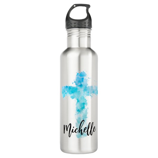 Bouteille D'eau Croix chrétienne de l'Aquarelle bleue (Devant)