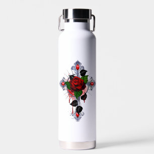 Bouteille D'eau Croix d'argent avec une rose rouge