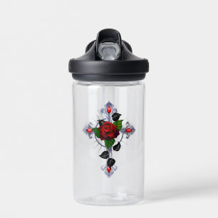 Bouteille D'eau Croix d'argent avec une rose rouge
