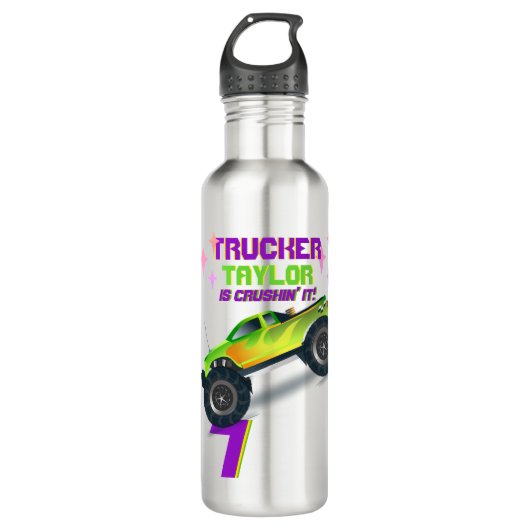 Bouteille D'eau Crusher It MONSTER TRUCK ROSE NOM D'ÂGE Anniversai (Devant)