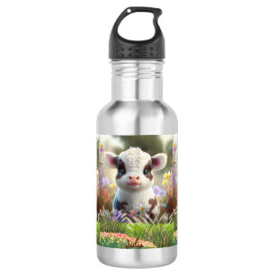 Bouteille D'eau Cute Baby Cow Calf assis dans le jardin fleuri