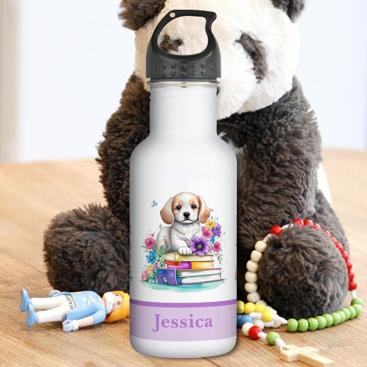 Bouteille D'eau Cute Girly Chiot Livres & Fleurs