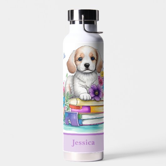 Bouteille D'eau Cute Girly Chiot Livres & Fleurs de Printemps (Gauche)