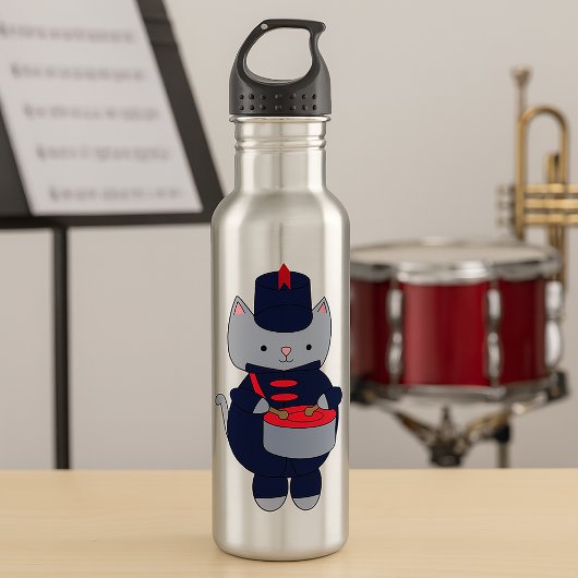 Bouteille D'eau Cute Gray Cat Marching Band Uniform Playing Drum