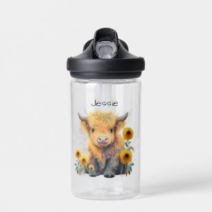 Bouteille D'eau Cute Highland Cow Yellow Floral Sunflower Nom