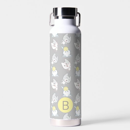 Bouteille D'eau Cute Kawaii Chat Motif gris jaune Monogramme (Avant)