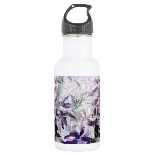 Bouteille D'eau Cute Kitten dans les buissons, violet art abstrait (Devant)
