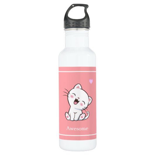 Bouteille D'eau Cute Kitty Chat & Coeur en rose (Devant)