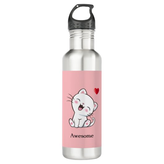 Bouteille D'eau Cute Kitty Chat & Coeur en rose (Devant)