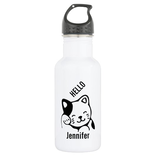 Bouteille D'eau Cute noir et blanc Kitty Chat Waving Bonjour (Devant)