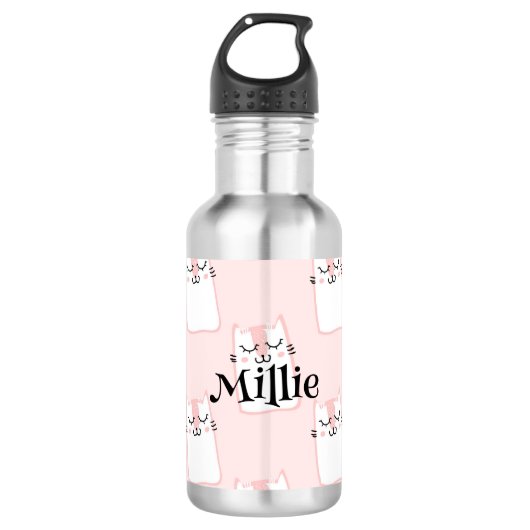 Bouteille D'eau Cute Rose Chat Motif Filles Nom École (Devant)