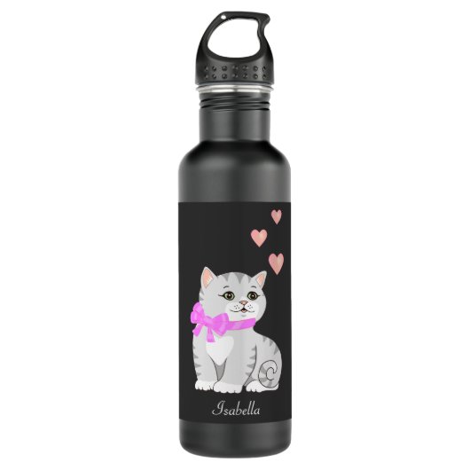 Bouteille D'eau Cute Tabby Chat et Coeurs sur Noir (Devant)