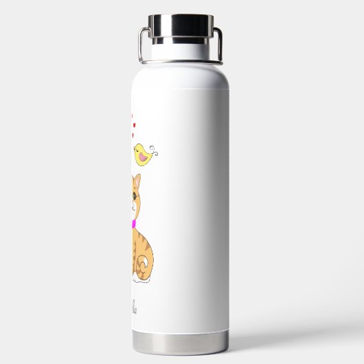 Bouteille D'eau Cute Tabby Chat & Petit Oiseau (Plage)