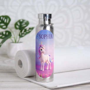 Bouteille D'eau Cute Unicorne Blanche Avec Rose & Bleu Mane