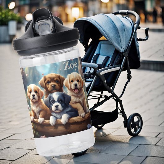 Bouteille D'eau De mignons chiots dans un panier, personnalisable