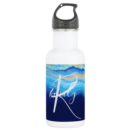 Bouteille D'eau Deep Indigo Agate Marbre Nom Abstrait Monogram Co (Devant)