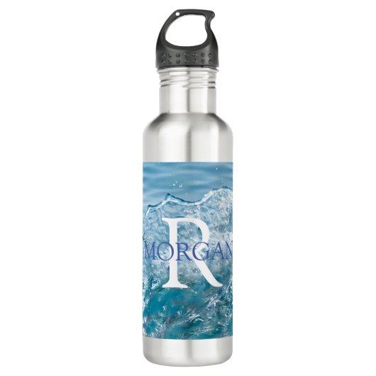 Bouteille D'eau do-it-yourself Monogramme & Nom Bleu & Blanc, Eau  (Devant)