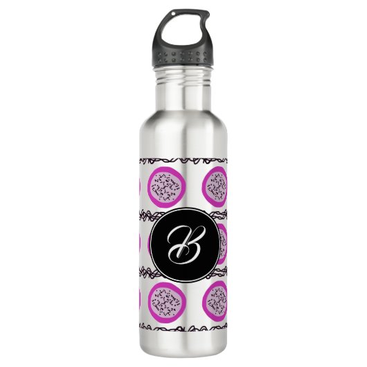 Bouteille D'eau Doodles de monogramme de fruit de dragon violet (Devant)