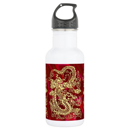 Bouteille D'eau Dragon d'or embouti sur papier satin rouge (Devant)