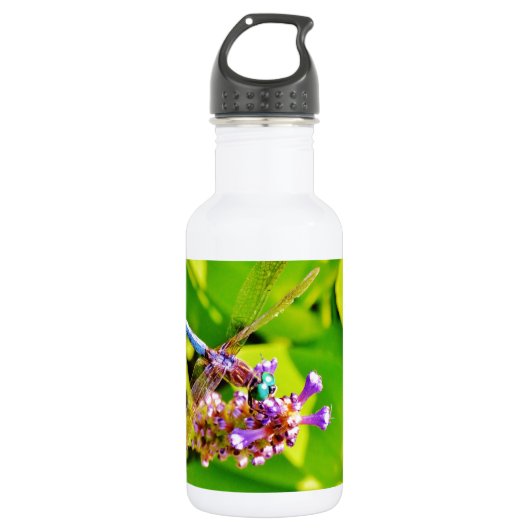 Bouteille D'eau Dragonfly de couleur arc-en-ciel sur une fleur ros (Devant)