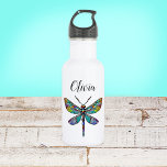 Bouteille D'eau Dragonfly en verre coloré ailes<br><div class="desc">Bouteille d'eau personnalisée avec libellule aux ailes colorées en vitrail.</div>