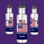 Bouteille D'eau Drapeau patriotique américain personnalisé<br><div class="desc">Bouteille en acier inoxydable personnalisée USA Patriotic Flag. Customisez-le avec votre nom pour un look chic girly unique.</div>
