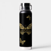 Bouteille D'eau Écriture de nom d'or noir des papillons (Arrière)