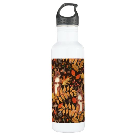 Bouteille D'eau Écureuils automnaux et flore sur brun foncé (Devant)