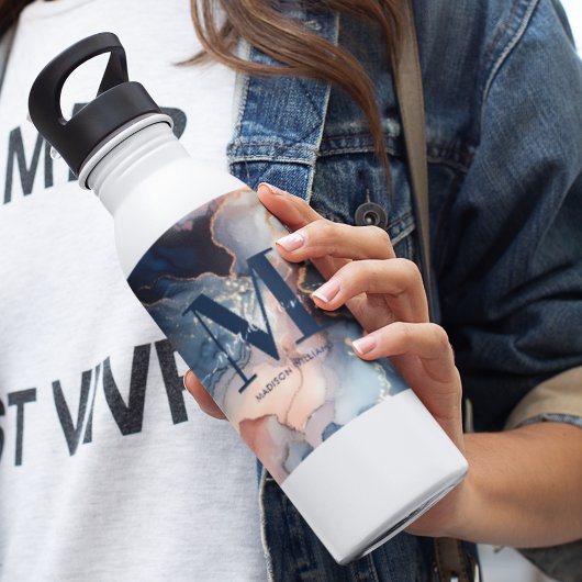 Bouteille D'eau Élégant Aquarelle Marbre Agate Monogramme Abstrait