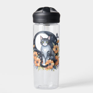 Bouteille D'eau Élégant Chat noir Floral Moon Art Amoureux des cha