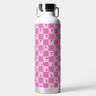 Bouteille D'eau Élégant Chic Rose & Blanc Carreaux Avec Fleur Bout