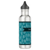 Bouteille D'eau Elégant Feuilles Aqua sur Motif Turquoise avec nom (Gauche)