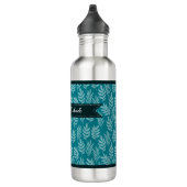Bouteille D'eau Elégant Feuilles Aqua sur Motif Turquoise avec nom (Droite)