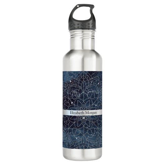 Bouteille D'eau Elégant moderne en argent Mandala Stripe Navy bleu (Devant)