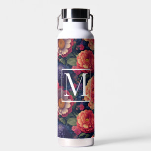 Bouteille D'eau Élégant monogramme romantique orange rouge floral