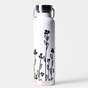 Bouteille D'eau Elégant noir blanc minimaliste doodé floral