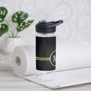 Bouteille D'eau Élégant or Monogramme personnalisé sur noir