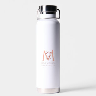 Bouteille D'eau Élégant Rose Blanc Or Simple Monogramme Nom
