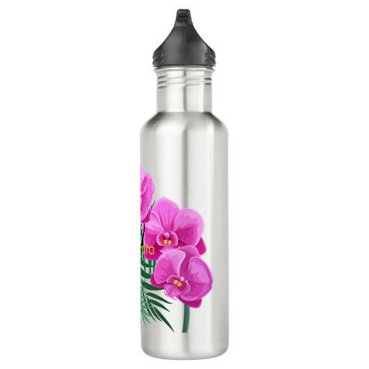 Bouteille D'eau Elégant rose Orchidées Vert Palm Feuilles Monogram (Droite)
