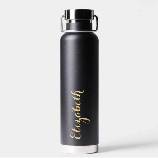 Bouteille D'eau Élégant script or Nom personnalisé Monogramme Noir (Arrière)